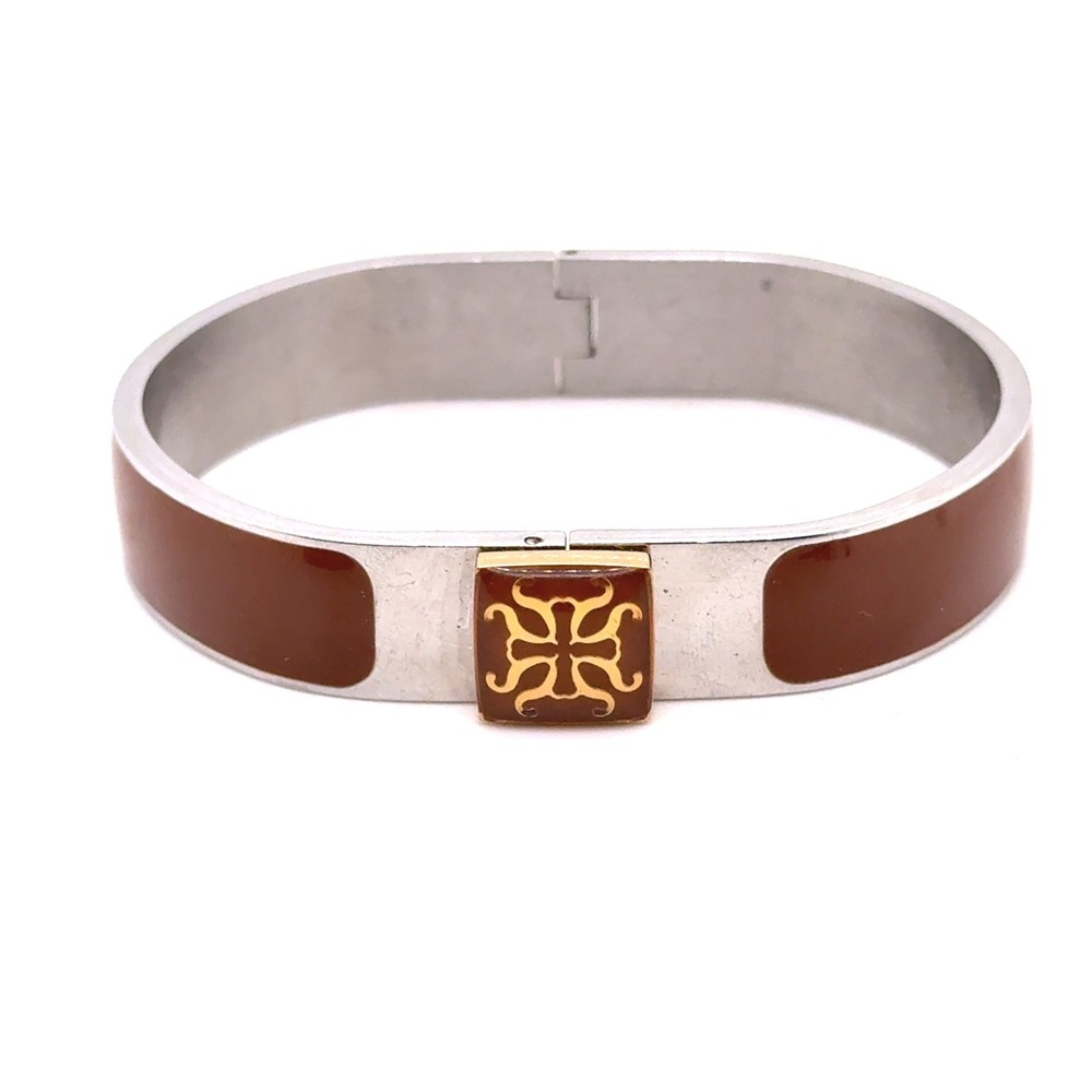 Rustic Cuff Brown Enamel Silver Tone Hinge Bracelet with Gold Emblem